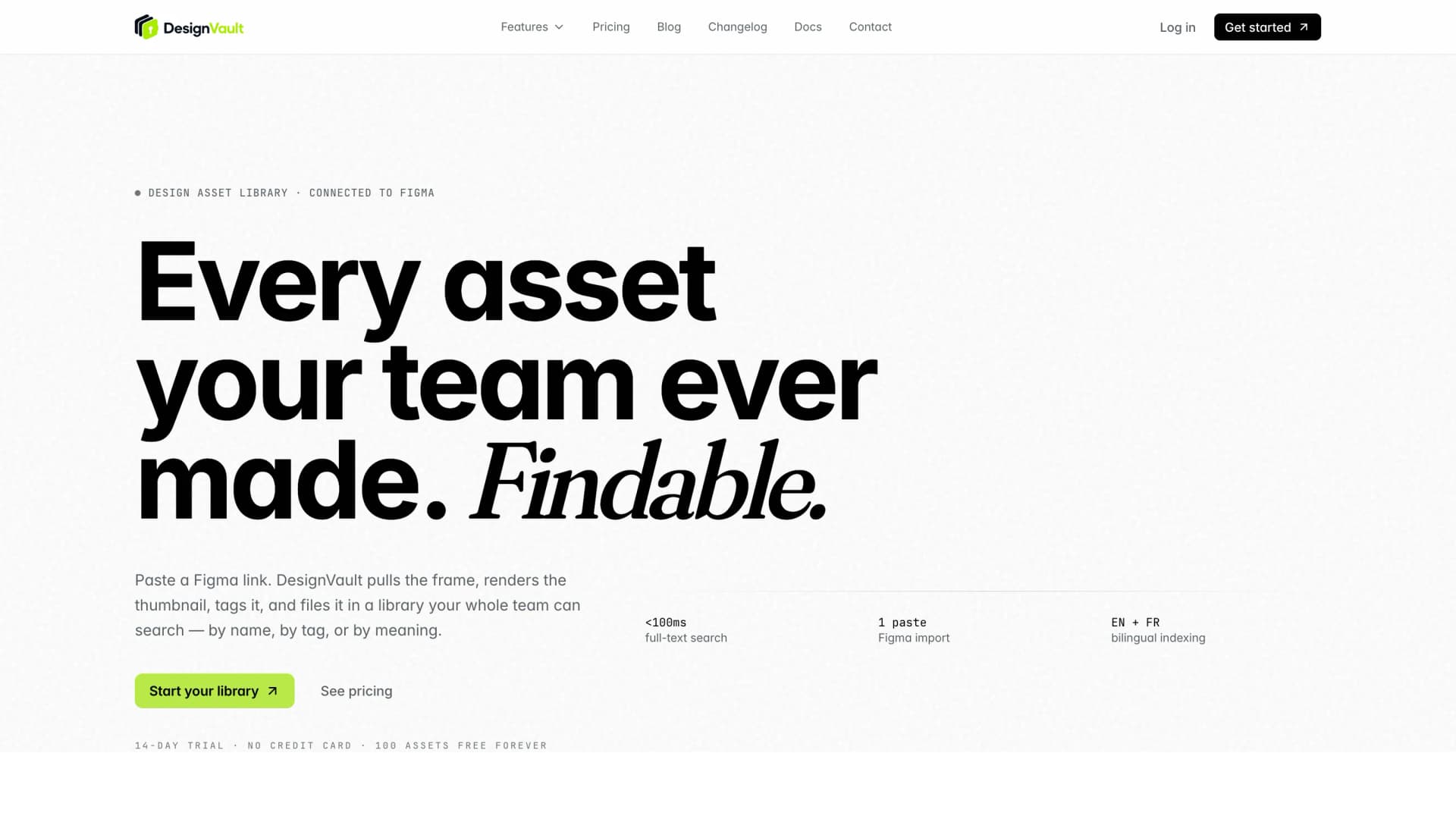 Page d'accueil de DesignVault — hero « Every asset your team ever made. Findable. », librairie d'assets de design connectée à Figma