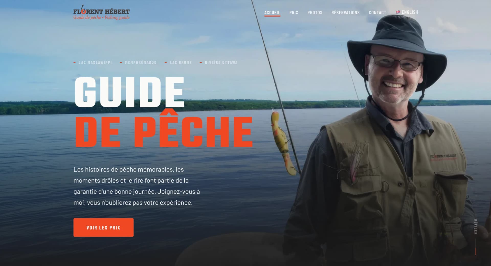 Design site web pour Florent Hébert — guide de pêche sur les lacs Massawippi, Memphrémagog, Brome et rivière Ottawa