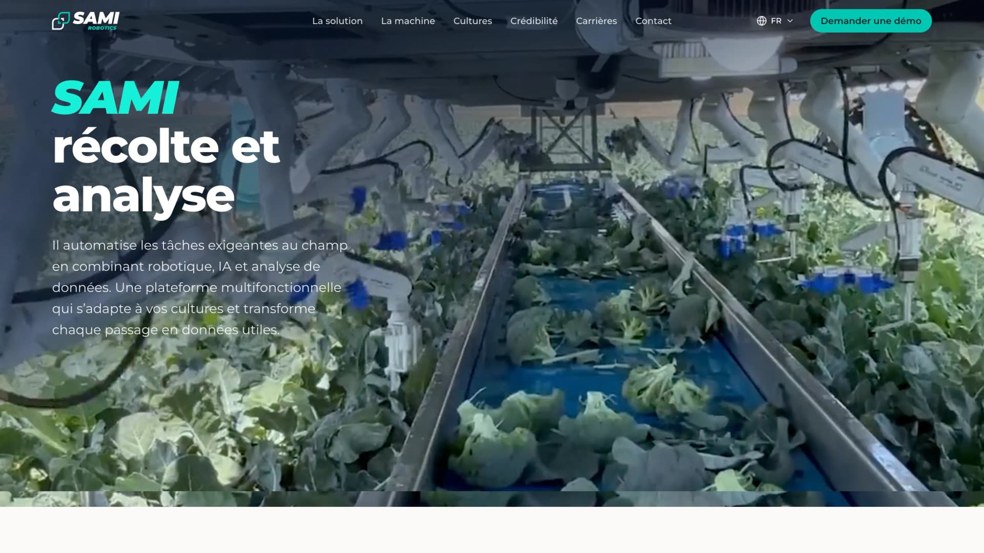 Page d'accueil de Sami Robotics — hero « SAMI récolte et analyse » montrant les bras robotisés de la plateforme au-dessus d'un champ de brocoli